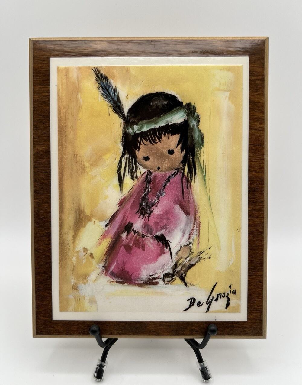 Ted DeGrazia Art Print on Wood Plaque Kneeling Girl Laminated Love Me 7” x 5.5”